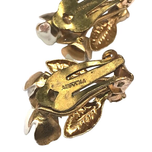 Vintage Austria Yellow Roses Earrings, Clip On Metal Enamel Flowers Floral, Rose - Picture 4 of 5